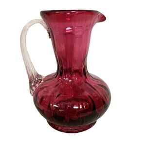 Pilgrim Cranberry Glass Mini Pitcher Hand Blown Clear Handle Vintage 5oz USA